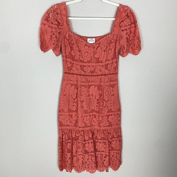 Saylor Louisa Lace Midi Dress Womens Small Short Sleeves Floral Pink milkmaid - Picture 2 of 8